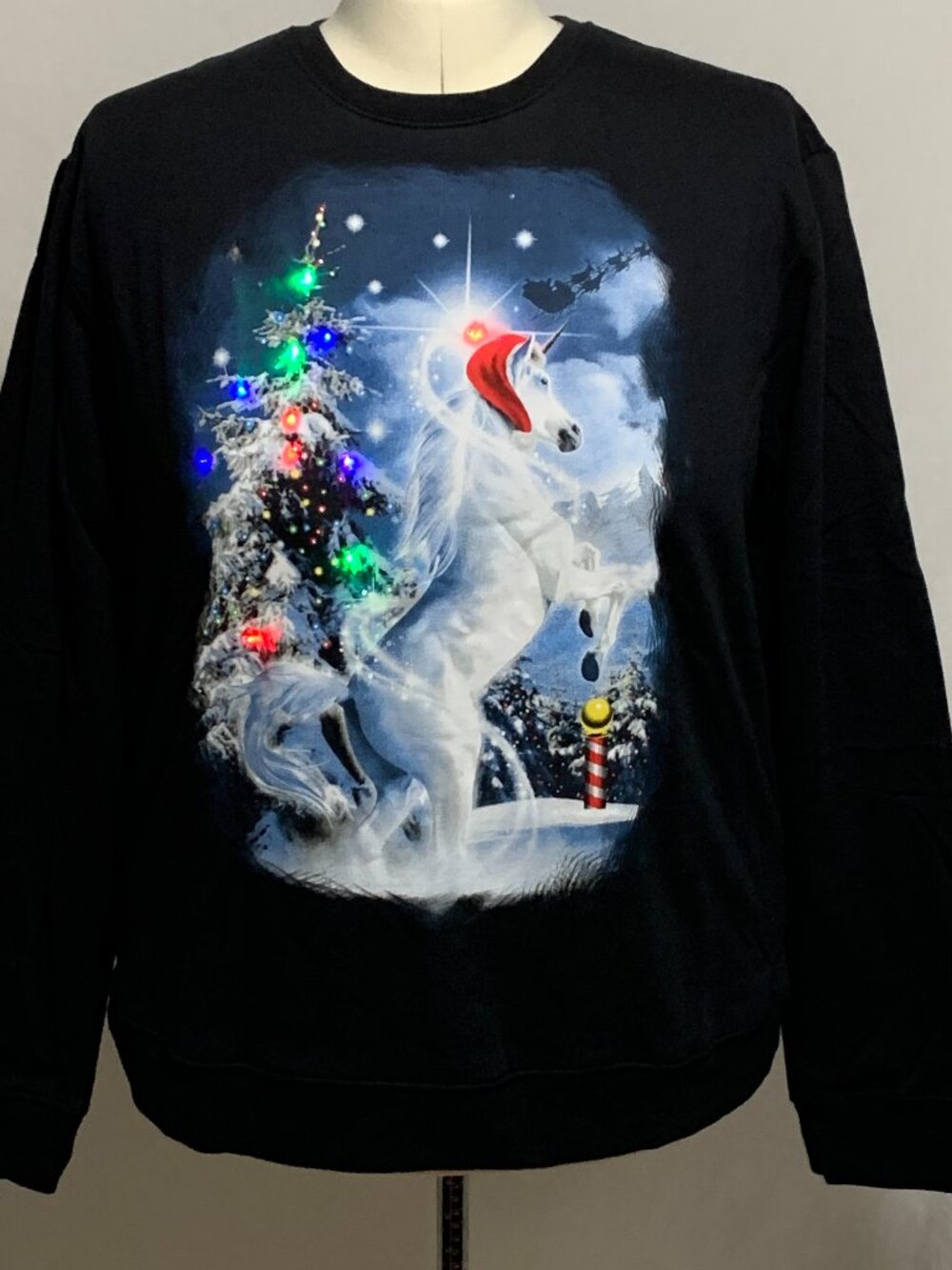Ugly Christmas Sweatshirt Unicorn Santa Hat Tree Light Up Black MENS Womens XL